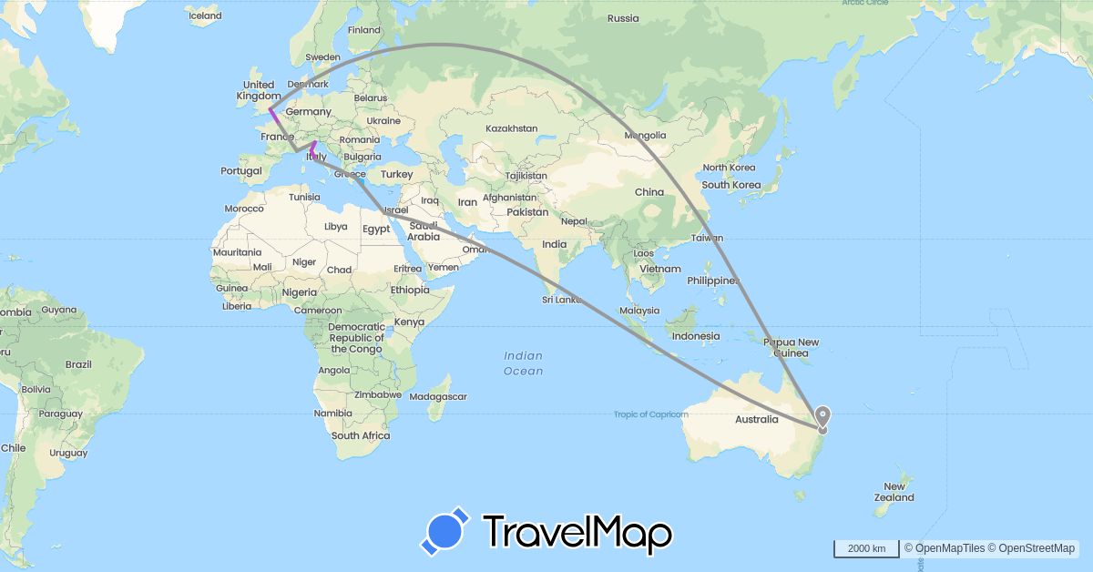 TravelMap itinerary: driving, plane, train, boat in Australia, Egypt, France, United Kingdom, Greece, Italy (Africa, Europe, Oceania)